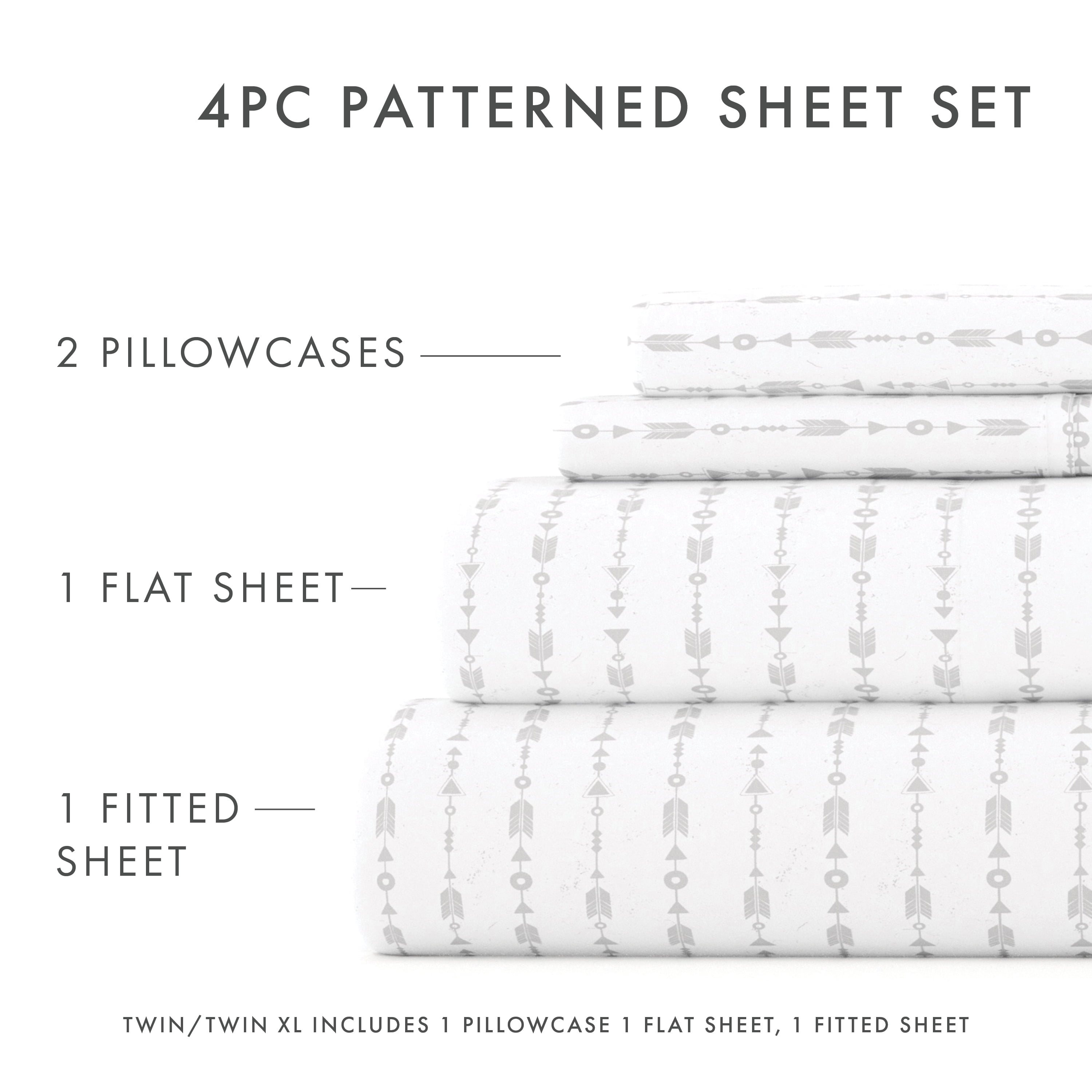 Noble Linens 4 Piece Pattern Microfiber Bed Sheets Set, Light Gray Beaded Arrows, California King