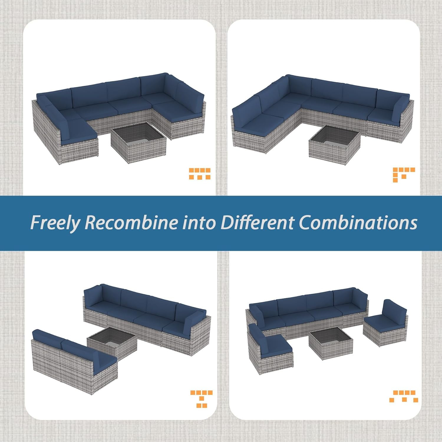 Danrelax 7-Piece Outdoor Sectional Sofa Patio Conversation Set, PE Rattan Wicker Furniture, Steel Frame in Dark Blue