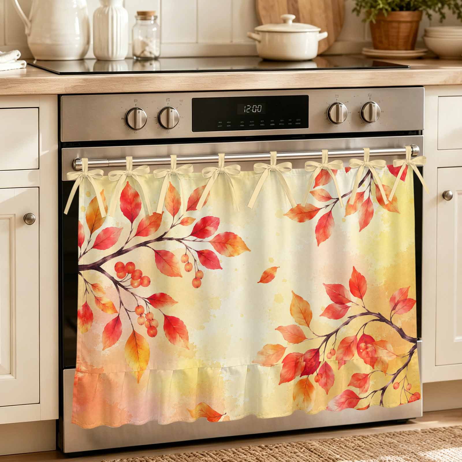 Thanksgiving Oven Skirt for Farmhouse Kitchen D&eacute;cor Fall Orange Eucalyptus Leaves Branches Oven Curtain Tie Top with 8 Ribbon Ties Decorative Cabinet Dish Washer Stove Skirt Curtains 30 x21.5