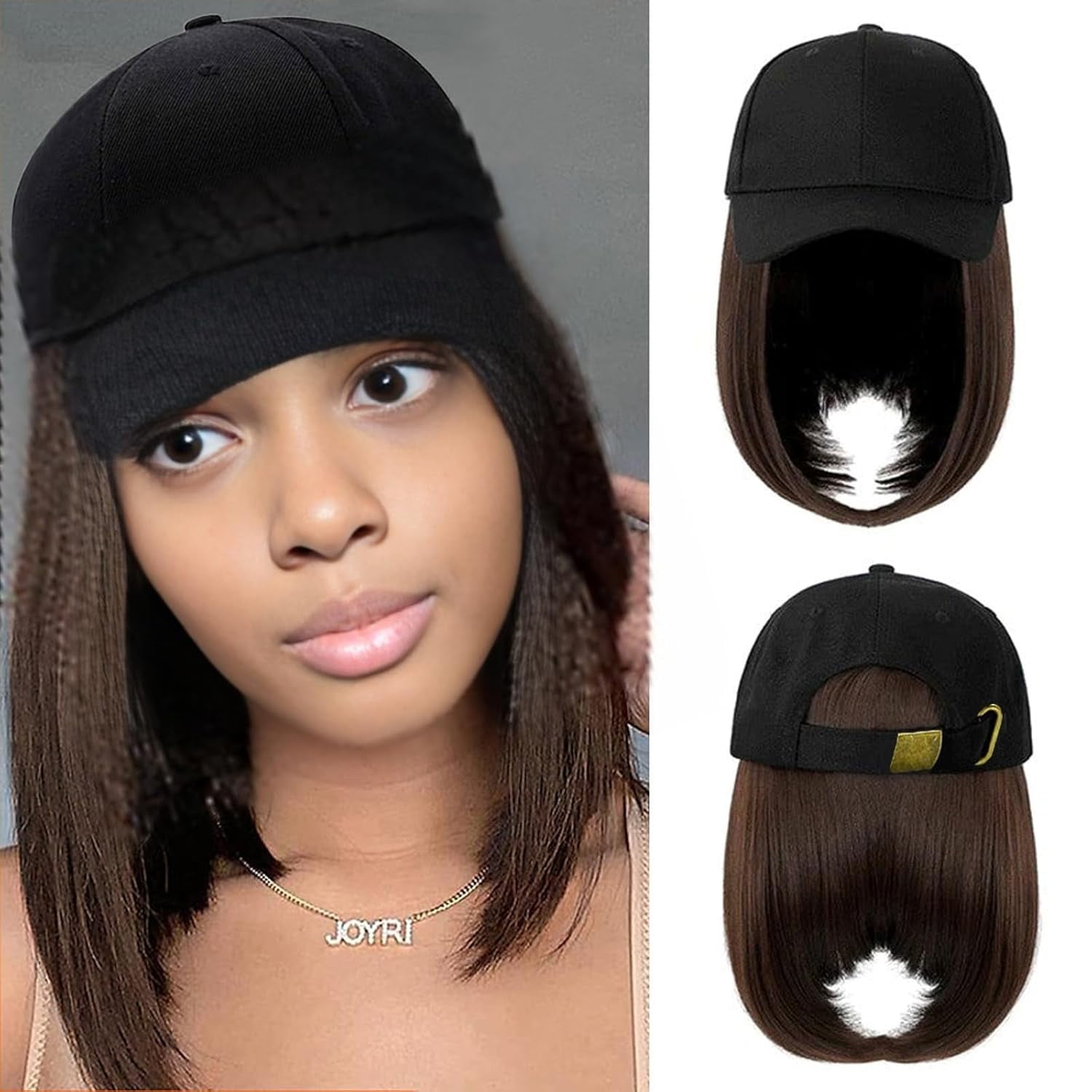 YEKEYI Baseball Cap with Hair Extensions Hat Wig Adjustable Hat Attached Short Straight Synthetic Hairpiece for Women