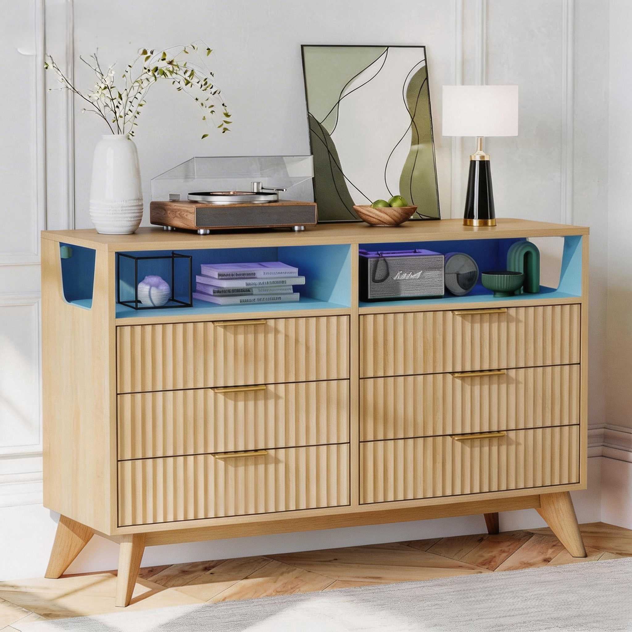 Ktaxon Fluted Dresser 6 Drawer Dresser with LED Lights Wood Chest of Drawers Storage Cabinet for Bedroom, Living Room Entryway Mid Century Oak