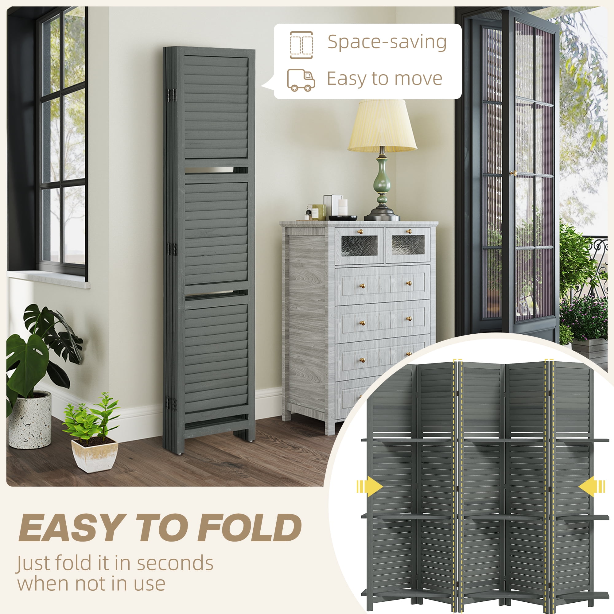 HOMCOM 5 Panel 67" Tall Wood Privacy Screen Room Divider with 3 Display Shelves, and Folding Storage for Bedroom or Home Office, Gray