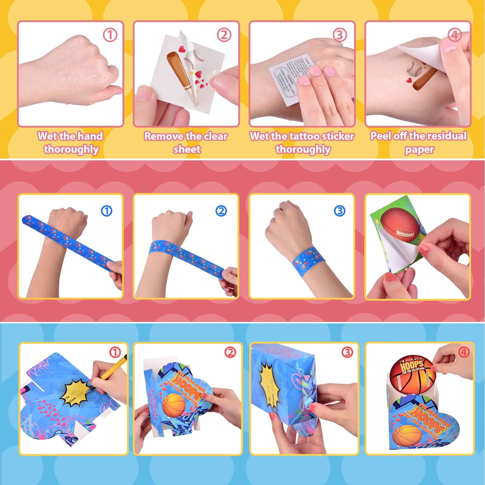 180 Pcs Valentines Day Cards with Slap Bracelets and Stickers with Heart Boxes for Kids, Classroom Valentines Party Favors for Kids, 6 Sports Elements Valentine Exchange Cards for Students