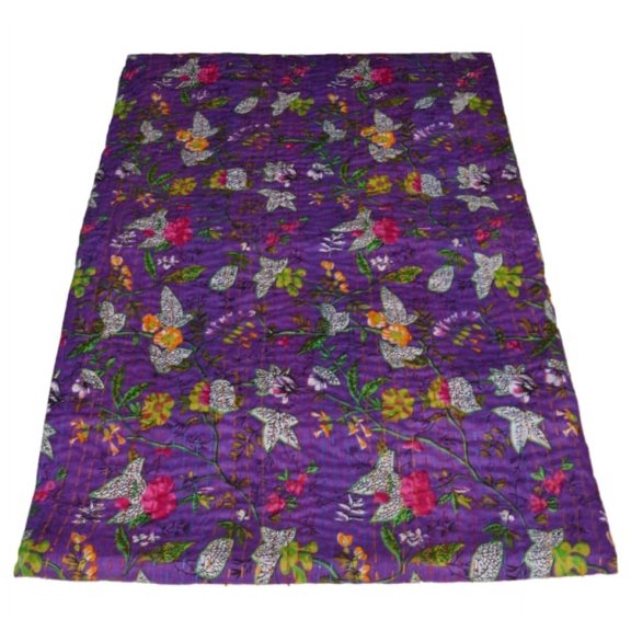 indian purple paradise print cotton kantha quilt Bedding throw sofa coverlet bedspread single size Handmade vintage blanket, 60 X 90 Inche