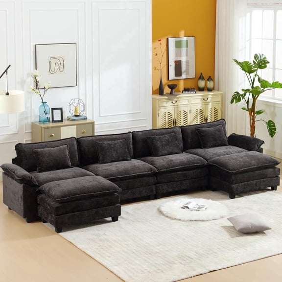 IPKIG Sectional Sofa Comfy Cloud Couch for Living Room with Pillows, Modern Chenille Sofa Sleeper Deep Couches with Two Ottoman (Black, 6-Seat)