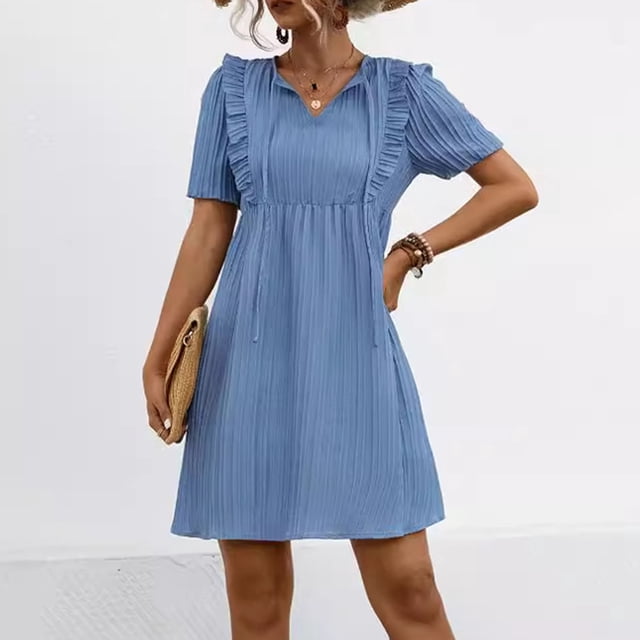 Robes pour Femmes 2024 Été Surdimensionnée Décontractée à Col en V Manches Feuille de Lotus Robe Mi-Mollet Rabais de 50 % Liquidation!