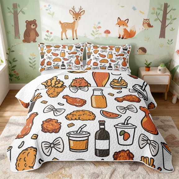 Erosebridal Fried Chicken Twin Quilt Set for Boys Girls, White Bows Twin Coverlet Set, 2 Pieces 1 Bedspread and 1 Pillowcase