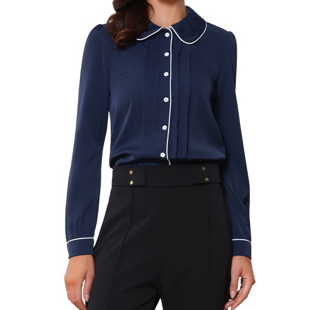BLUSA CHIC para Mujeres con Cuello Peter Pan, Manga Abullonada, Con Trimming en Contraste, Camisa de Botones, Talla S, Azul Oscuro