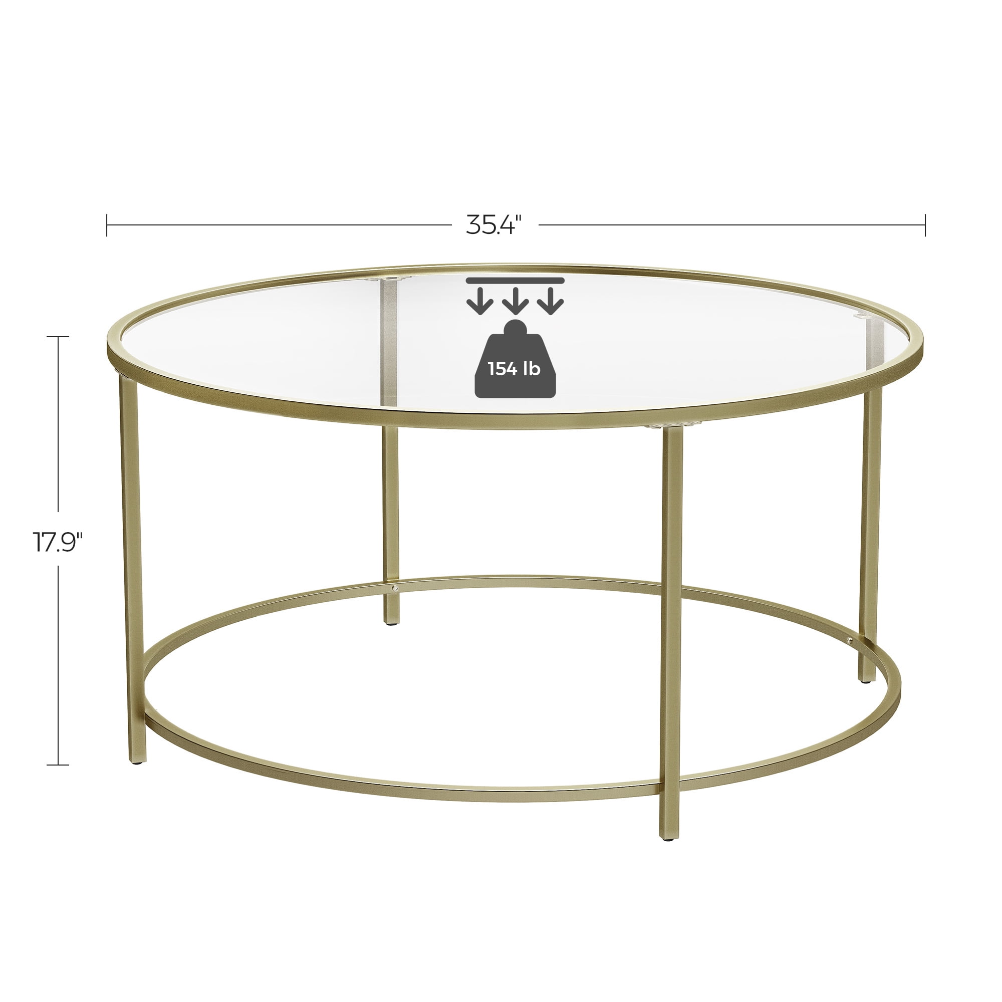 VASAGLE Round Coffee Table, 35.4-Inch Dia. Glass Table with Golden Steel Frame, Living Room Table, Sofa Table, Robust Tempered Glass, Stable, Gold