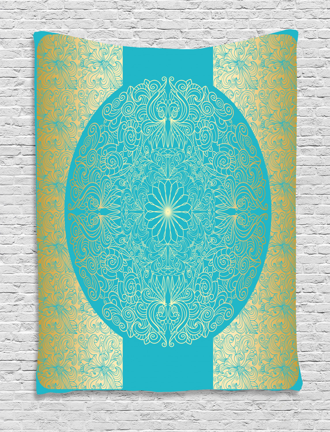 Gold Mandala Tapestry, Vibrant Framework Design Circular Floral Figure