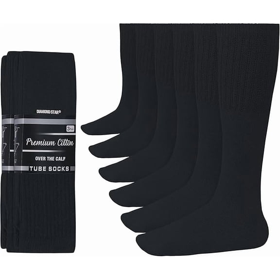 Diamond Star Men’s Tube Socks – Premium Cushioned Cotton Over the Calf Athletic Knee High Socks (Black - 6 Pairs 26 inches Mid Calf Socks fit size 10-15)