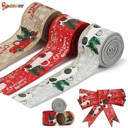 Spencer 2PCS Christmas Vintage Truck Wired Burlap Ribbon 5.5 Yards 2 Inch Burlap Christmas Wired Edge Craft Ribbons for Christmas Wrapping Crafts Decoration (Gray)