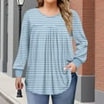 thumbnail image 2 of Miluxas Women's Solid Color Basic Plus Size Stripe Print Tees Long Sleeve Pleated Round Neck Casual Shirts Loose Daily Blouses Light Blue XL(XL), 2 of 6