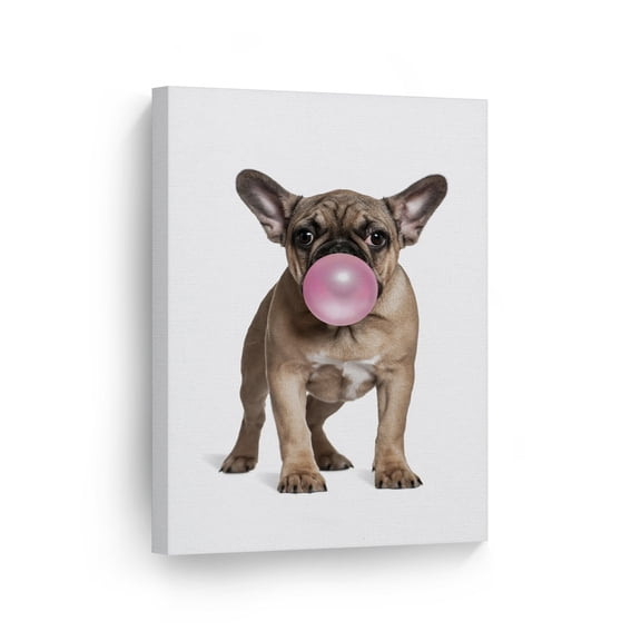 Smile Art Design Portrait of French Bulldog Puppy Chewing Pink Bubble Gum Canvas Wall Art Print Pet Dog Lover Gift Animal Pop Art Office Living Room Bedroom Kids Baby Nursery Room Decor - 12x8