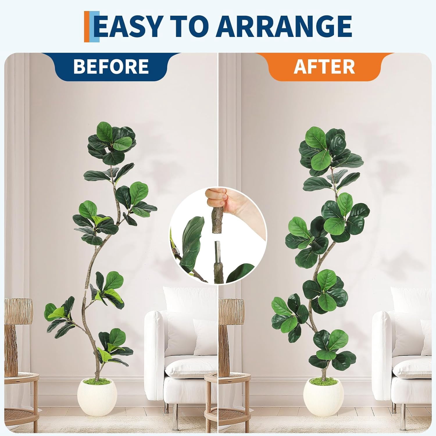 6ft Fiddle Leaf Fig Artificial Tree, Fake Rubber Tall Fake Floor Plant in Pot, Faux Plants Indoor with Moss, for Home Office Living Room Decor, with White Planter