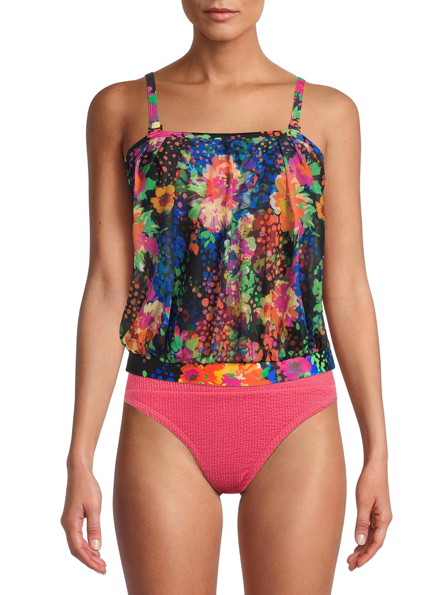 CrazycatZ Womens Loose Fit Blouson Tankini Swimsuit with Bikini Brief