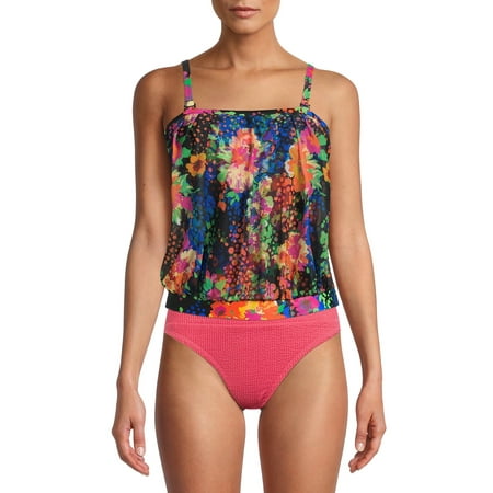 Del Raya Women's Flower Fall Blouson Tankini Swimsuit Top