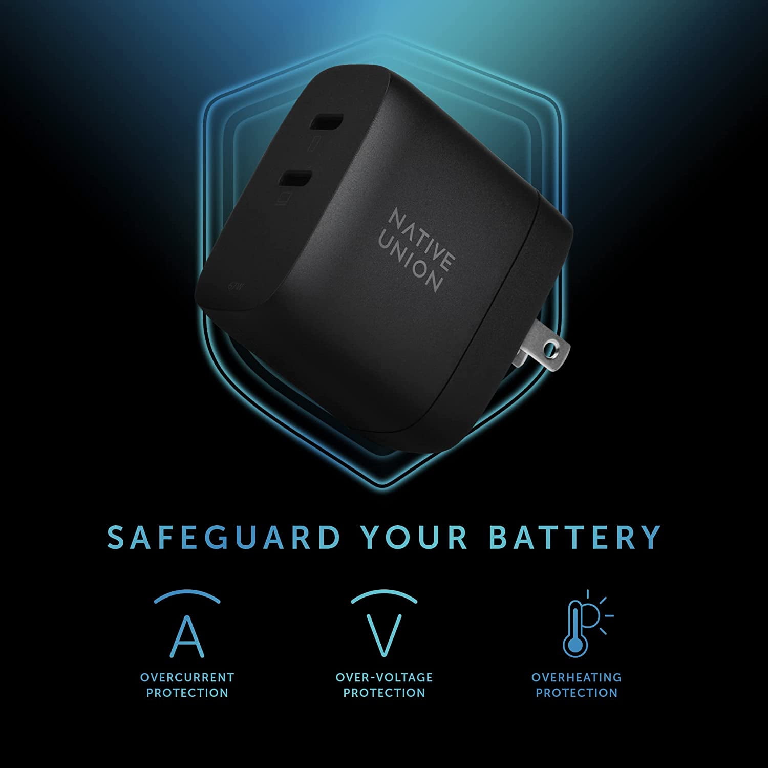 Native Union Fast GaN Charger PD 67W – USB-C Multi-Device Ports with US/CA, EU, UK Adapters (Black)