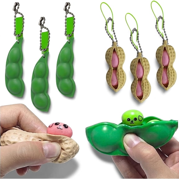 GadgetNestUSA 6PCS Squeeze Bean Keychain Fidget Toys – 3 Pea Pods & 3 Peanut Stress Relief Keychains