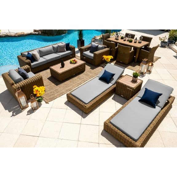 Malmo 14-Piece Resin Wicker Outdoor Patio Furniture Combination Set In Natural w/ Sofa Set, Six-seat Dining Set, and Chaise Lounge Set (Full-Round Natural Wicker, Polyester Light Gray)