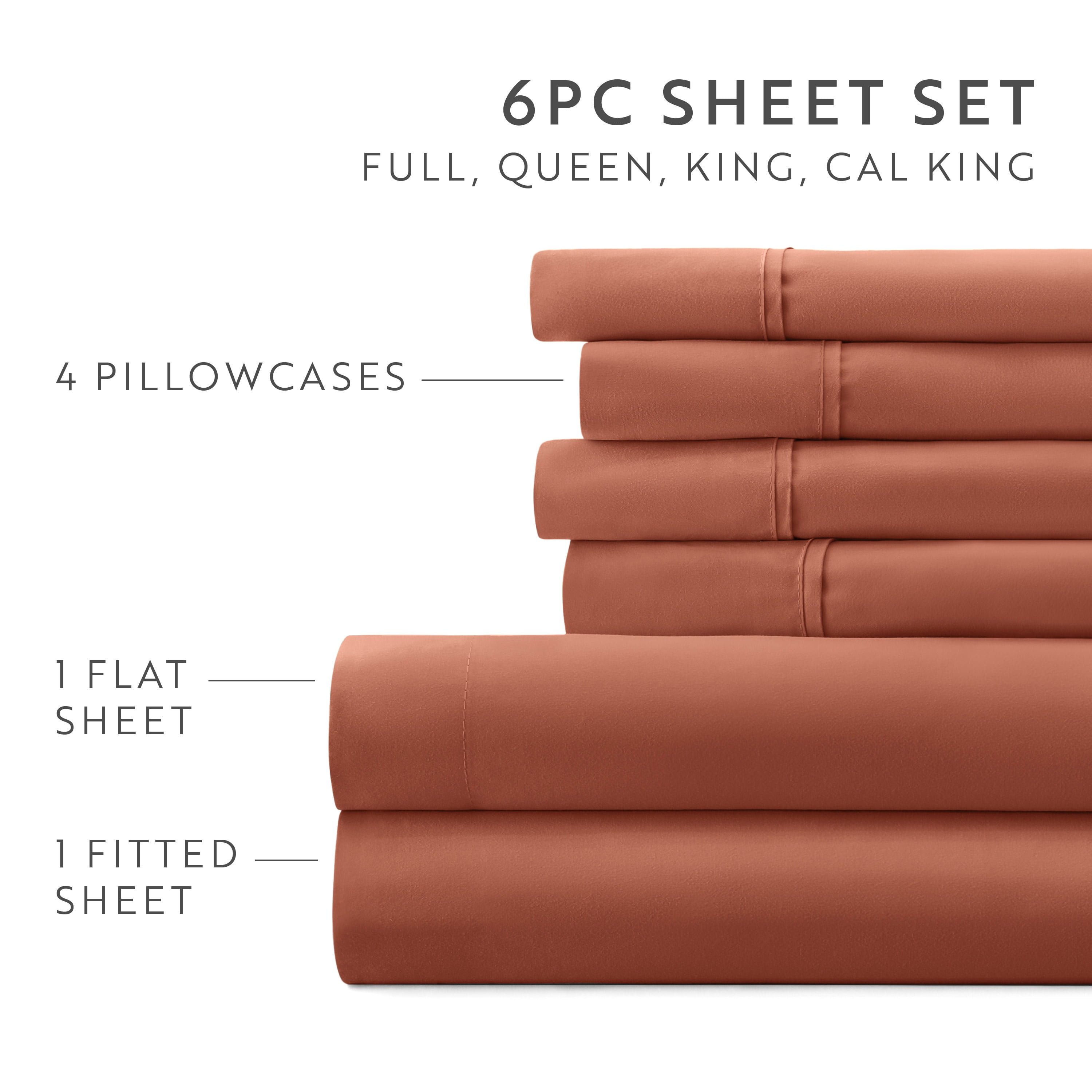 Twin, Clay Solid Microfiber 6 Piece Bed Sheet Set, by Noble Linens