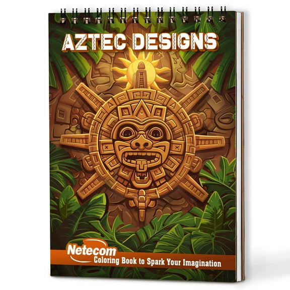 Netecom Aztec Designs Coloring Book Spiral Bound for Adults, Wooden Cover, 30 Beautiful Patterns Coloring Pages of Ancient Culture for Stress Relief and Relaxation