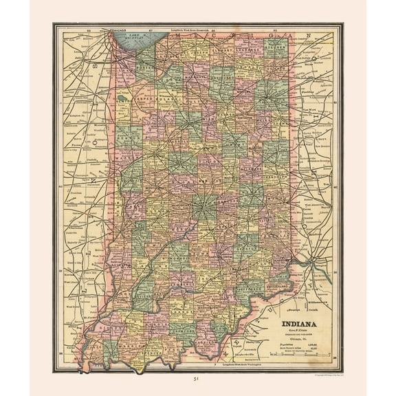Historic State Map - Indiana - Cram 1888 - 23 x 27.05 - Vintage Wall Art