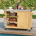 thumbnail image 1 of DEXTRUS Chariot d'Îlot de Cuisine sur Roulettes avec Tablettes Ajustables, Mobilier de Patio en Bois Massif et Dessus en Acier Inoxydable, Naturel, 1 of 11