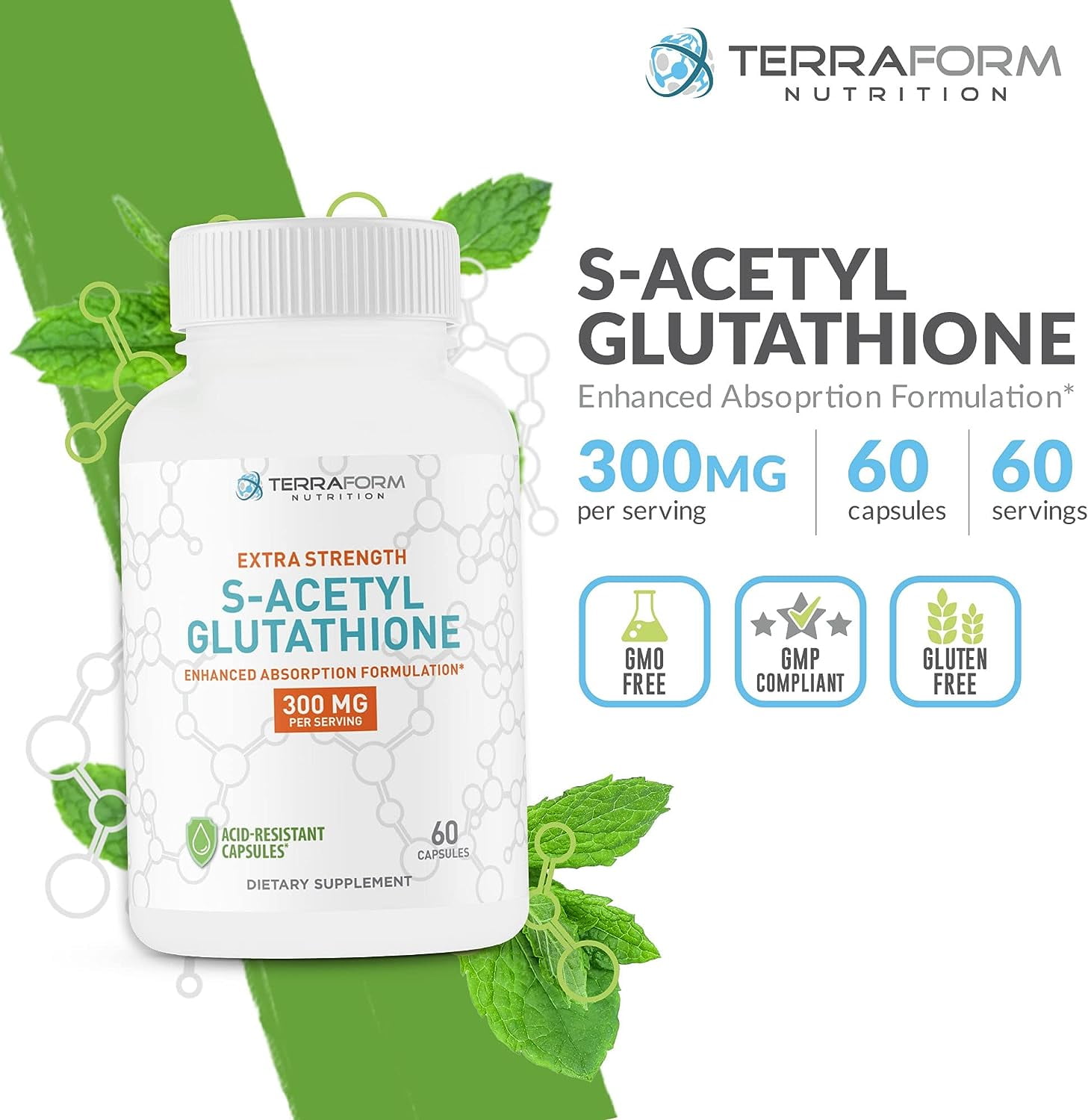 TerraForm Nutrition Extra Strength S-Acetyl Glutathione 300mg – 60 Acid-Resistant Capsules - Premium Glutathione Supplement - Highly Bioavailable & Stable Form of L-Glutathione – Made in USA