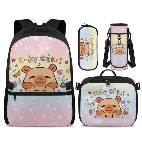 HUIACONG Flower Capybara Kids Backpack Set 4-IN-1 Ergonomic Spine Protecting for Boys Girls 8-12 Lightweight 300g Detachable Lunch Box Pencil Case Water Bottle Holder