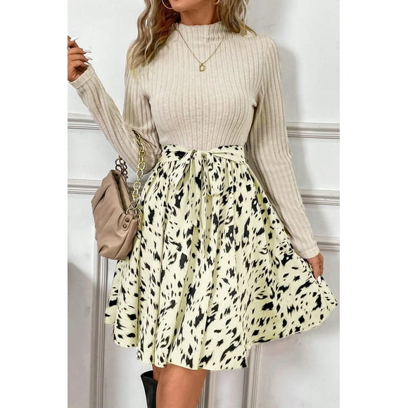 FOLUNSI Robe Tricotée Ligne A Léopard Élégante avec Ceinture