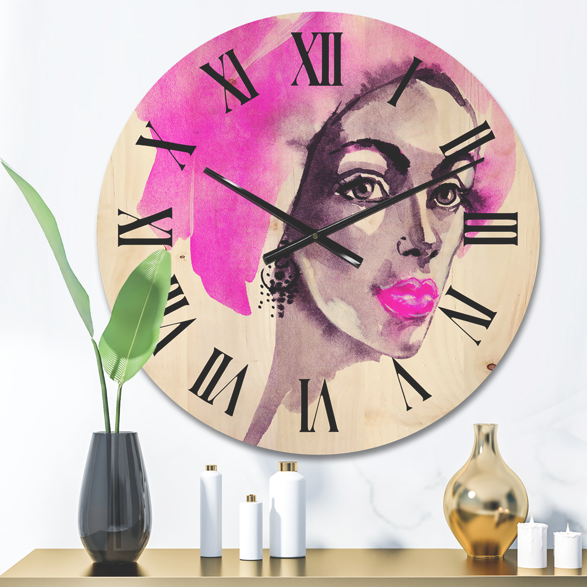 Designart 'Afro American Pink Woman Fashion Portrait' Modern Wood Wall Clock