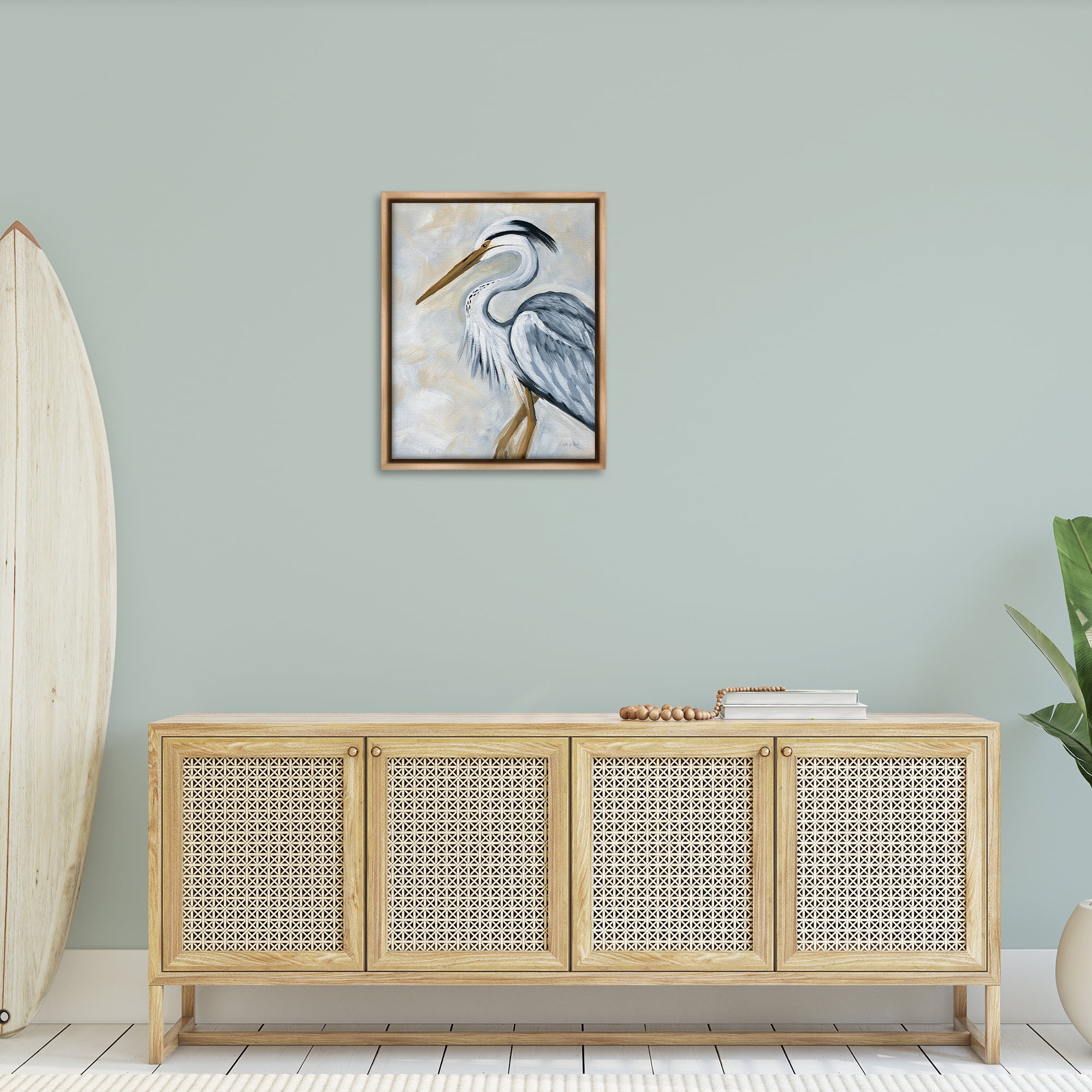Stupell Industries Muted Blue Heron Animals & Insects Painting Brown Floater Framed Canvas Art Print Wall Art, 25 x 31