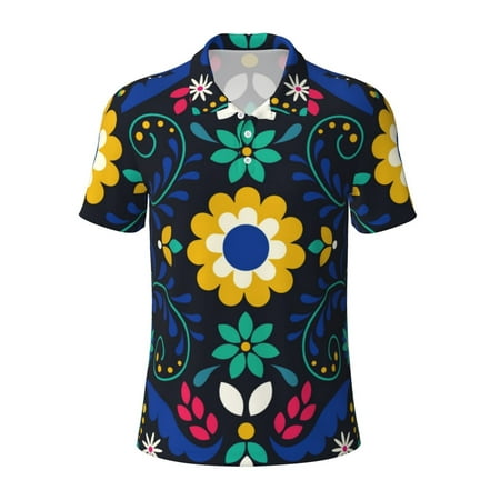Cauagu Colorful Mexican Flower Print Men s Polo Shirts Short-Sleeve Polo Shirts for Men Performance Golf Shirt Athletic Casual Collared T-Shirt-Small