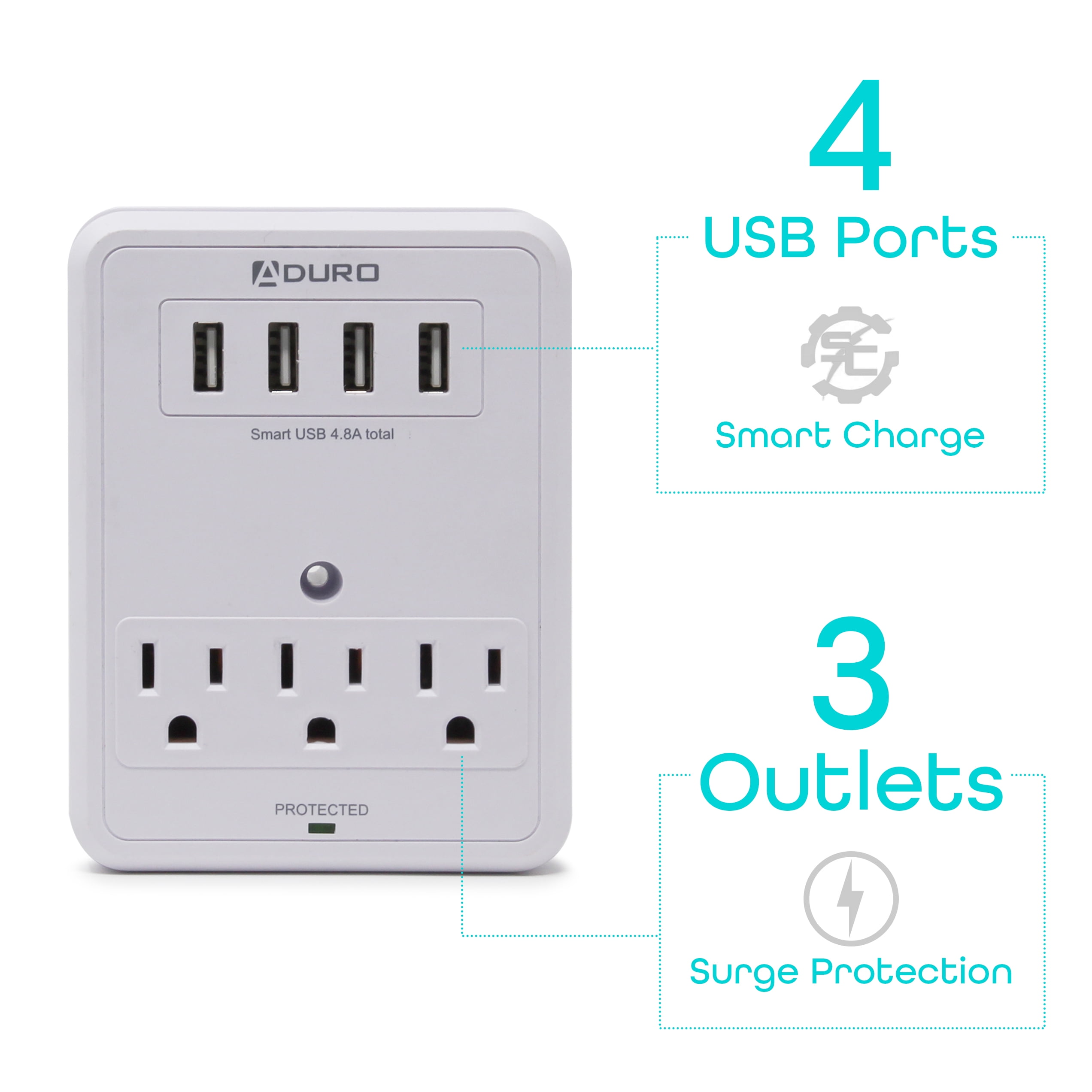 Aduro Surge Protector 3 Outlets Power Strip Station with USB (4 Ports 4.8A) Wall Mount Multiple Outlet Splitter Extender Adapter with Phone Shelf Stand White