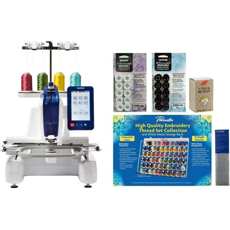 Brother Persona PRS100 Single Needle Embroidery Machine, 6-Piece Thread Set, 20 Bobbins, 100-Piece 75/11 Embroidery Needles, Stabilizer Roll