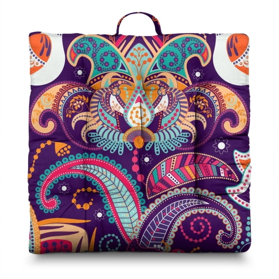 Colorful Geometric Meditation Cushion - Large Square Floor Pillow with Retro Paisley Pattern, Multipurpose Use for Home & Office