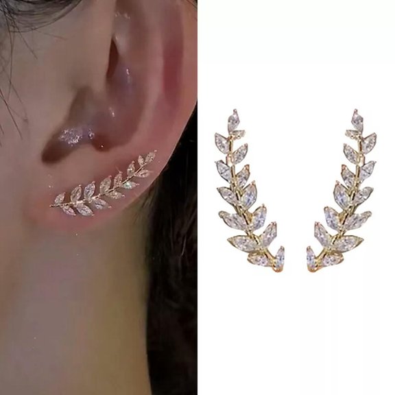 HOOUN Shiny Rhinestone Leaf Stud Earrings For Women Exquisite Wheat Ear Cuff Earrings@