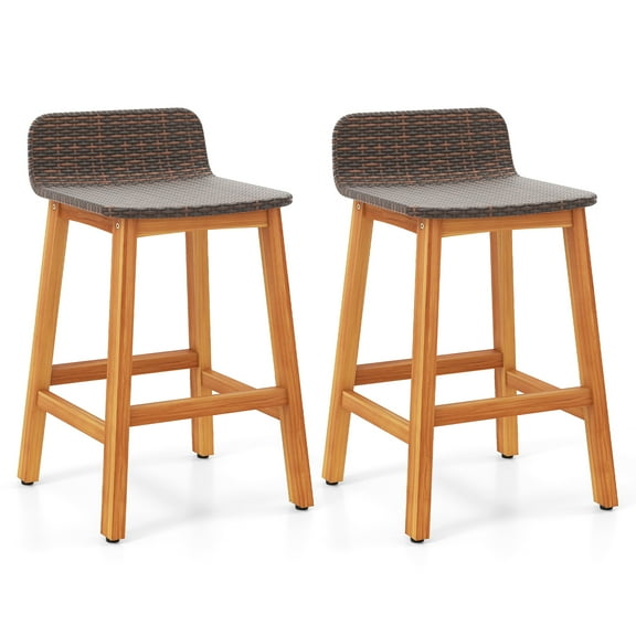 Gymax Solid Acacia Wood Bar Stools Set of 2 Rattan Bar Height Patio Chairs for Porch