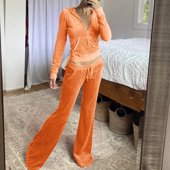 Tracksuit for Women 2 Piece Outfit Velet Sweatsuit Short Zip Up Jacket Drawstring Wide Leg Pants Lounge Sets (M, Orange)