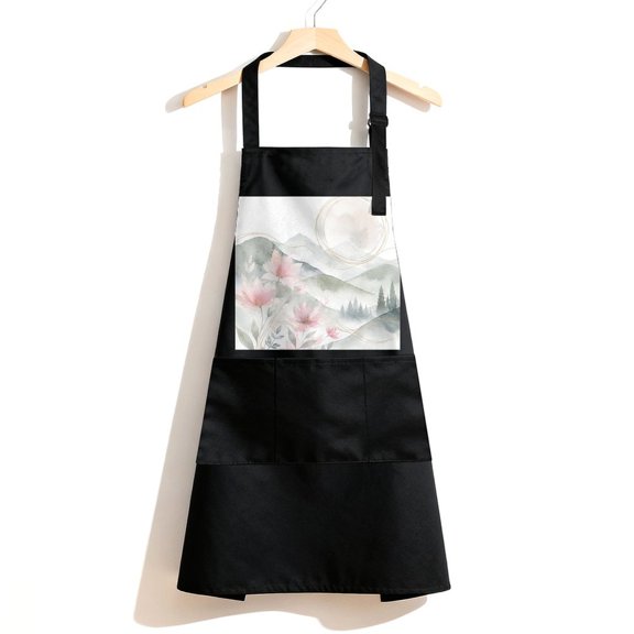RKSupls Waterproof Bib Apron with 3 Pockets, Misty Mountains With Pink Flowers Adjustable Neck Strap Soft Polyester Water Resistant Apron for Kitchen Restaurant Home Use