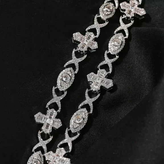 GKNET 14mm Hip Hop Eye Cross Cuban Link Chain Necklace Bracelets 5A Zircon Men Jewelry-20 in Necklace-Gold