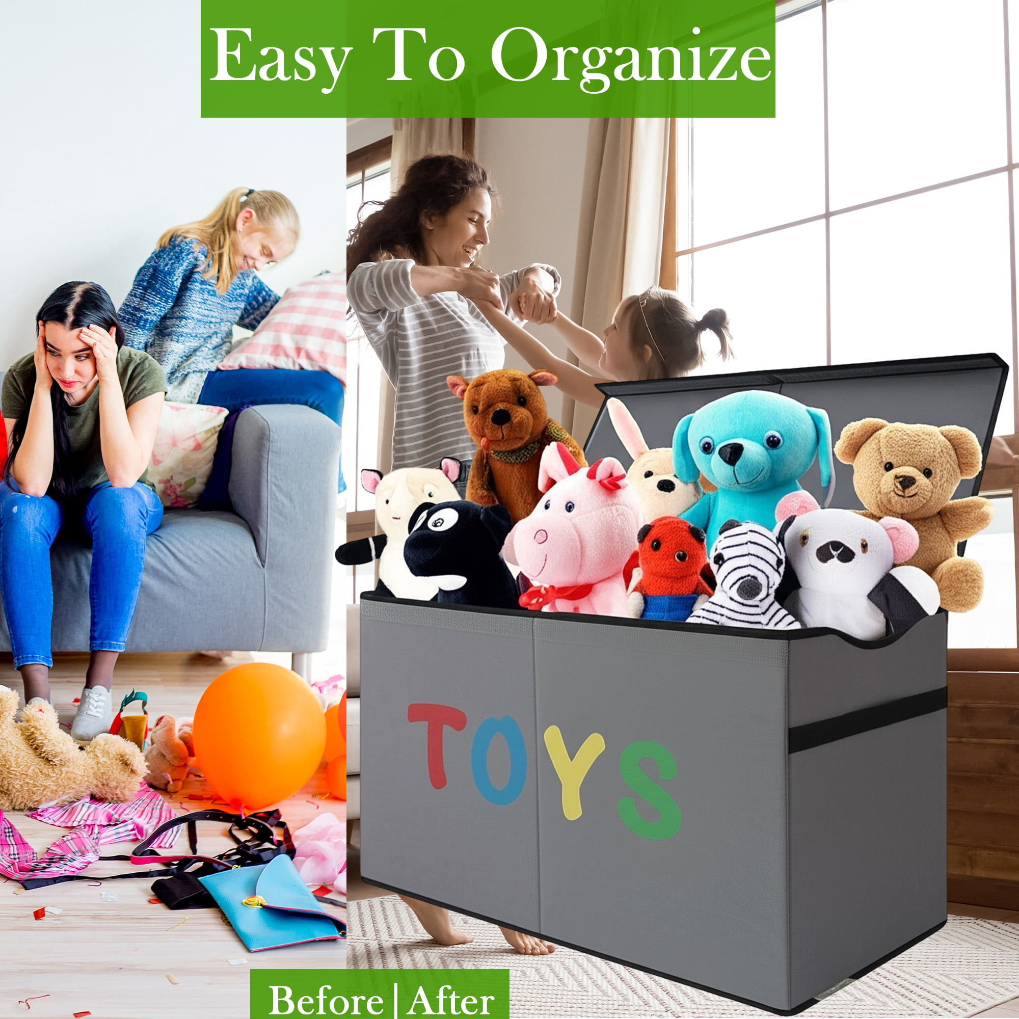 VICTORICH Space-Saving Toy Chest, 32 gal Extra Large Collapsible Toy Storage Bins with Lids for Kids Playroom, Gray