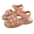 thumbnail image 2 of XIMIN Girls Open-Toe Sandals with Flower Pearl Applique Adjustable Ankle Strap Non-Slip Flat Sole Cute Casual Summer Beach Sandals (Pink, 5-5.5 Years), 2 of 8