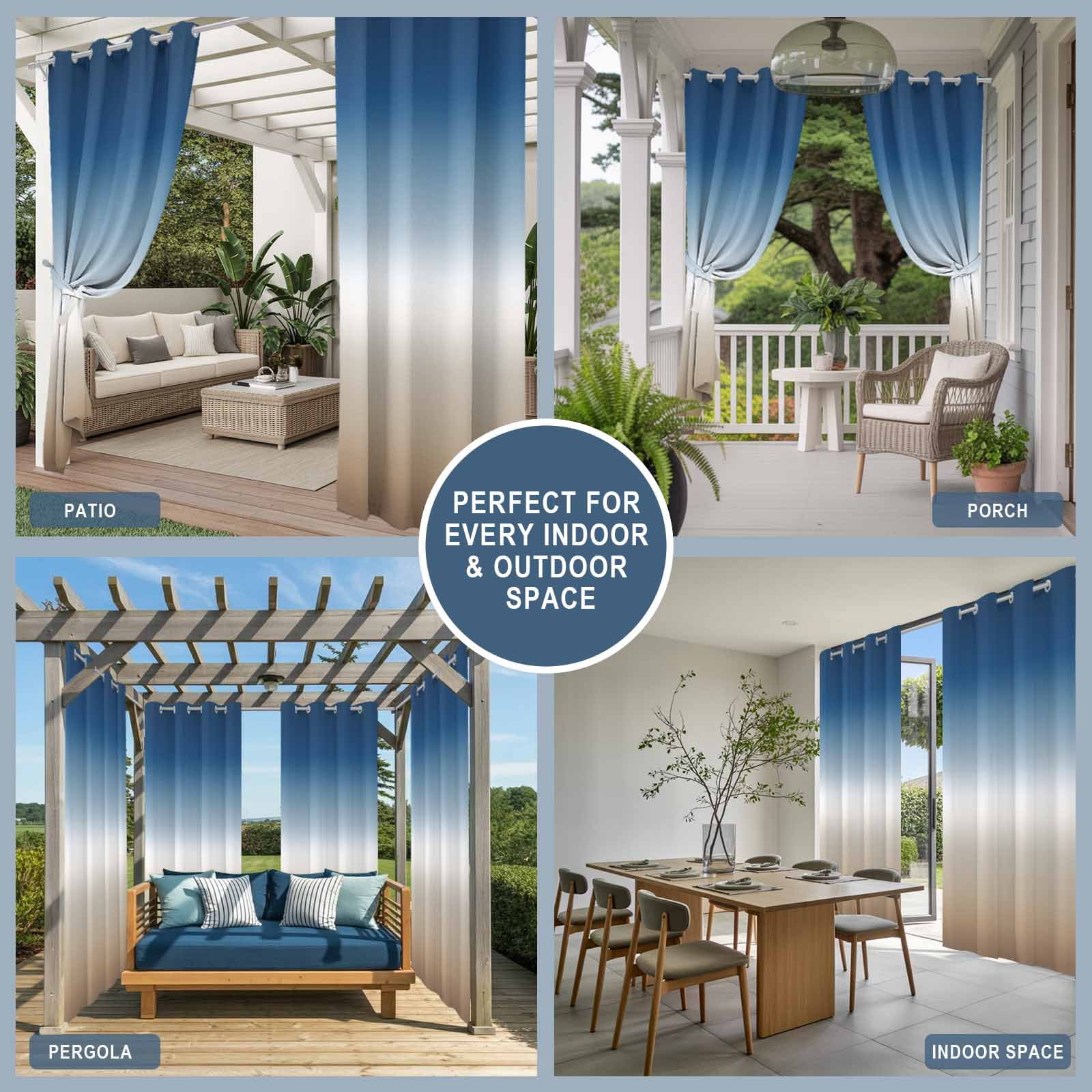 Outdoor Curtains for Patio Waterproof, Navy Blue Beige Ombre Cream Windproof Pravicy Outside Porch Blackout Curtain, Modern Abstract Art Aesthetics Sun Blocking Grommets Curtains for Cabana 54"x108"