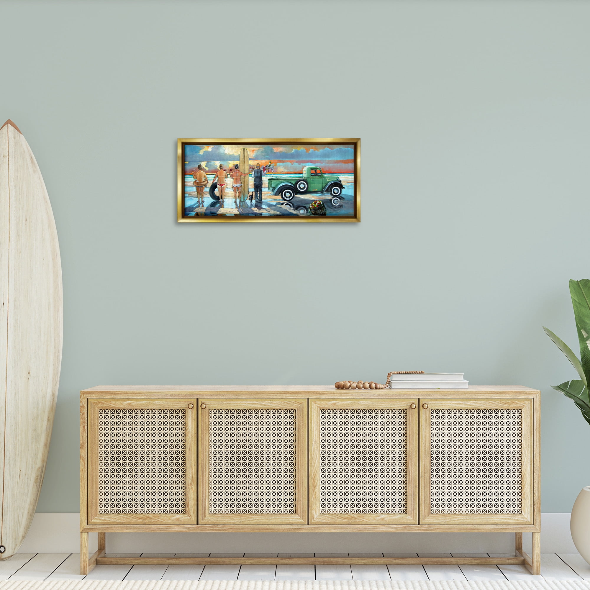 Stupell Industries Butler Serving Beach Girls Scene Nature Painting Gold Floater Framed Canvas Art Print Wall Art, 31 x 14
