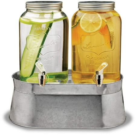 Circleware Lancaster Mini Dual Drink Dispenser (120Oz. Ea) With Chrome Color Spigot - Metal Lid - Dual Galvanized