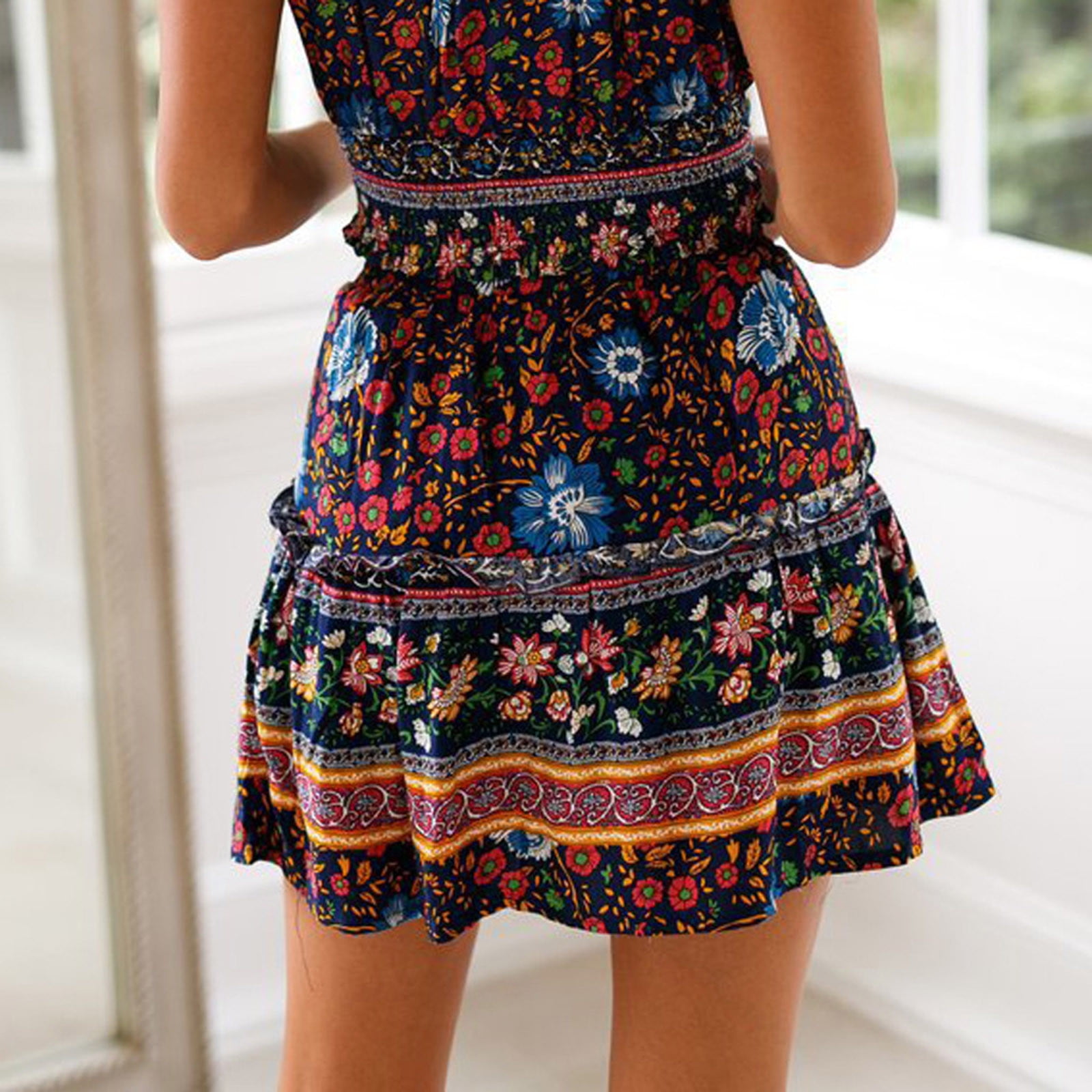 Women's Boho Floral Print Short Skirt Elastic High Waist Layered