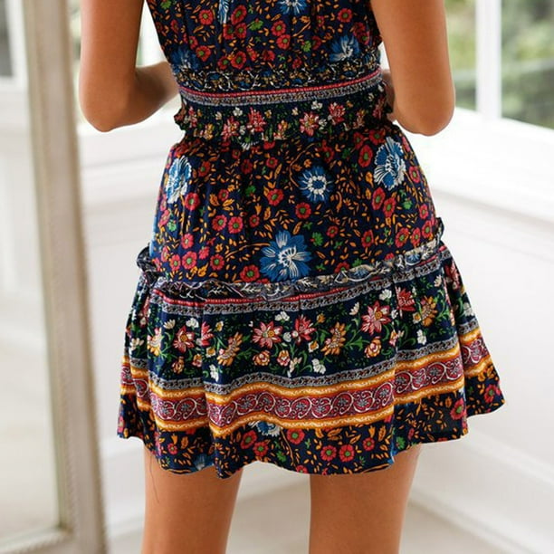 DPTALR Women Summer Casual Vintage High Waist Floral Print Beach Ruffled Short Skirt
