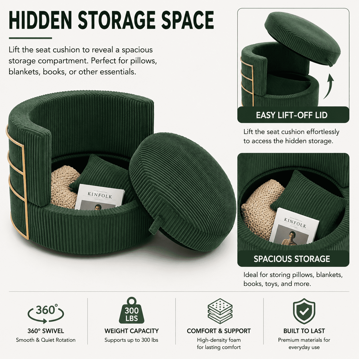 MOONMISS Swivel Barrel Accent Chair with Hidden Storage,Corduroy Round Single Sofa,Gold Metal Frame,for Living Room Reading Nook,Green